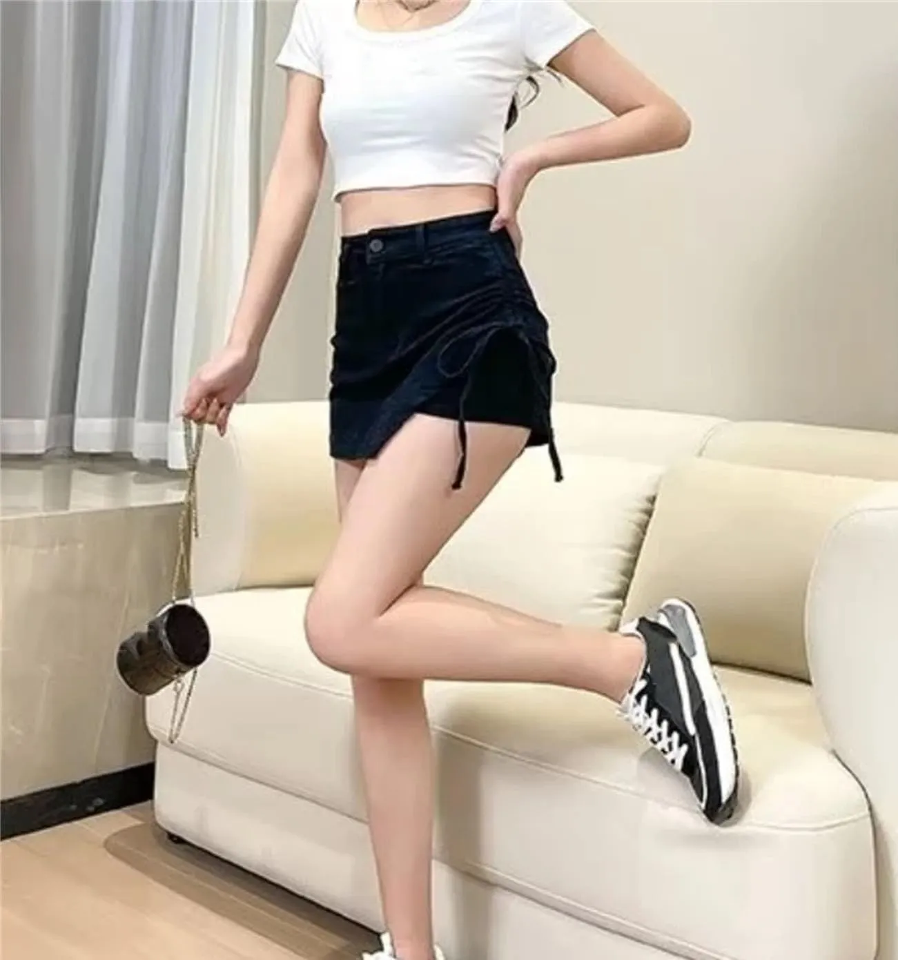 Women Denim Mini Skirts Summer Slim High Waisted Lace-Up Skirt Vintage Stretch Casual Jean Skirt