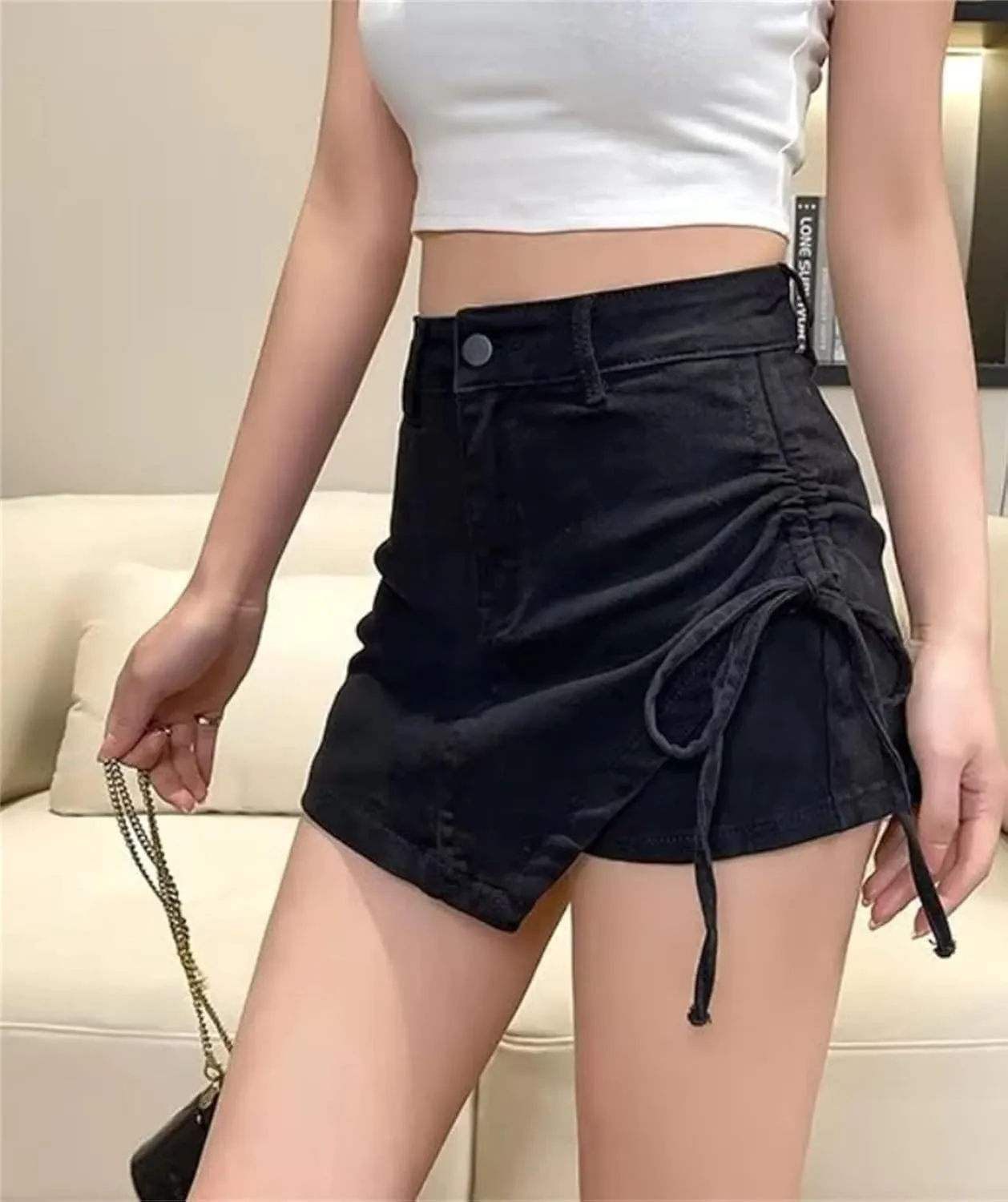 Women Denim Mini Skirts Summer Slim High Waisted Lace-Up Skirt Vintage Stretch Casual Jean Skirt