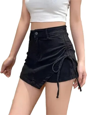 Women Denim Mini Skirts Summer Slim High Waisted Lace-Up Skirt Vintage Stretch Casual Jean Skirt