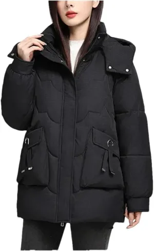 Women Down Cotton Padded Thickened Jacket Loose Stand-Up Collar Hooded Parka Loose Coat