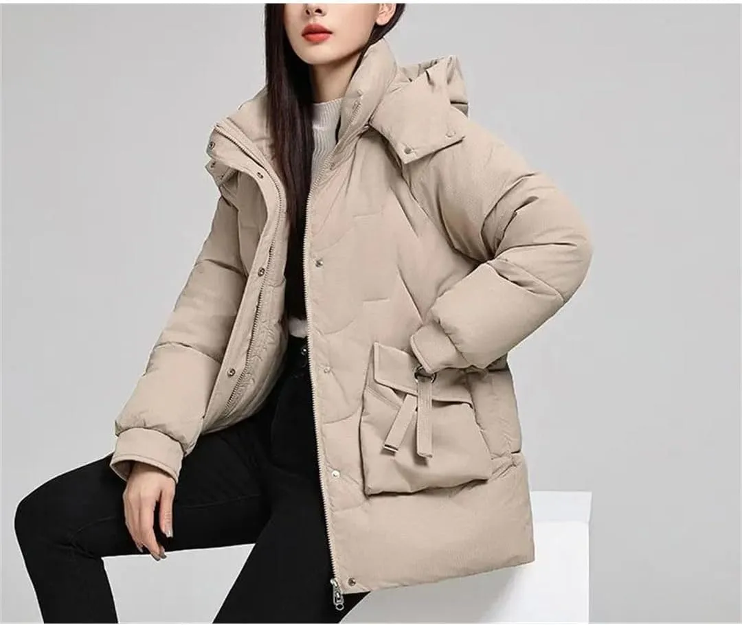 Women Down Cotton Padded Thickened Jacket Loose Stand-Up Collar Hooded Parka Loose Coat