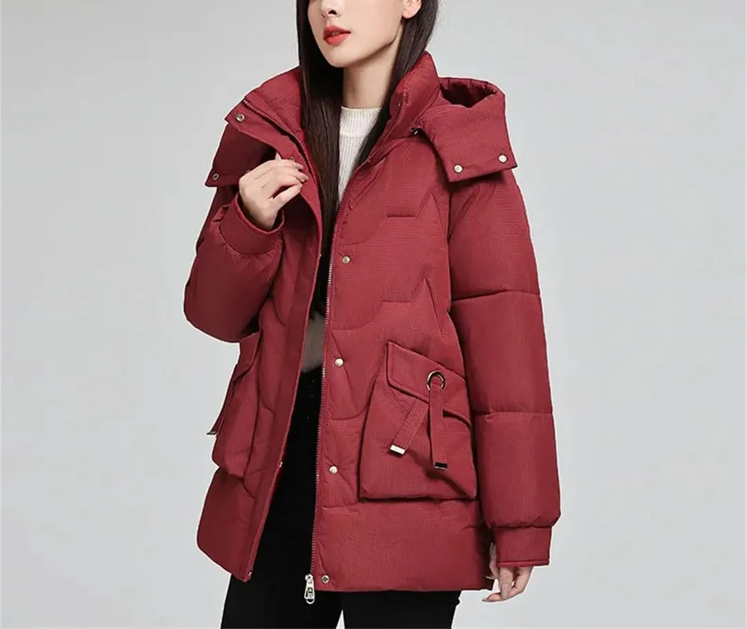 Women Down Cotton Padded Thickened Jacket Loose Stand-Up Collar Hooded Parka Loose Coat