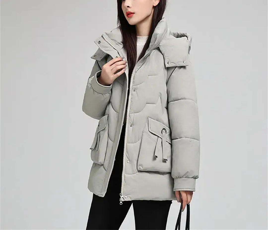 Women Down Cotton Padded Thickened Jacket Loose Stand-Up Collar Hooded Parka Loose Coat