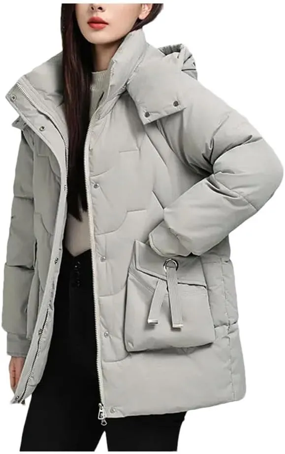 Women Down Cotton Padded Thickened Jacket Loose Stand-Up Collar Hooded Parka Loose Coat