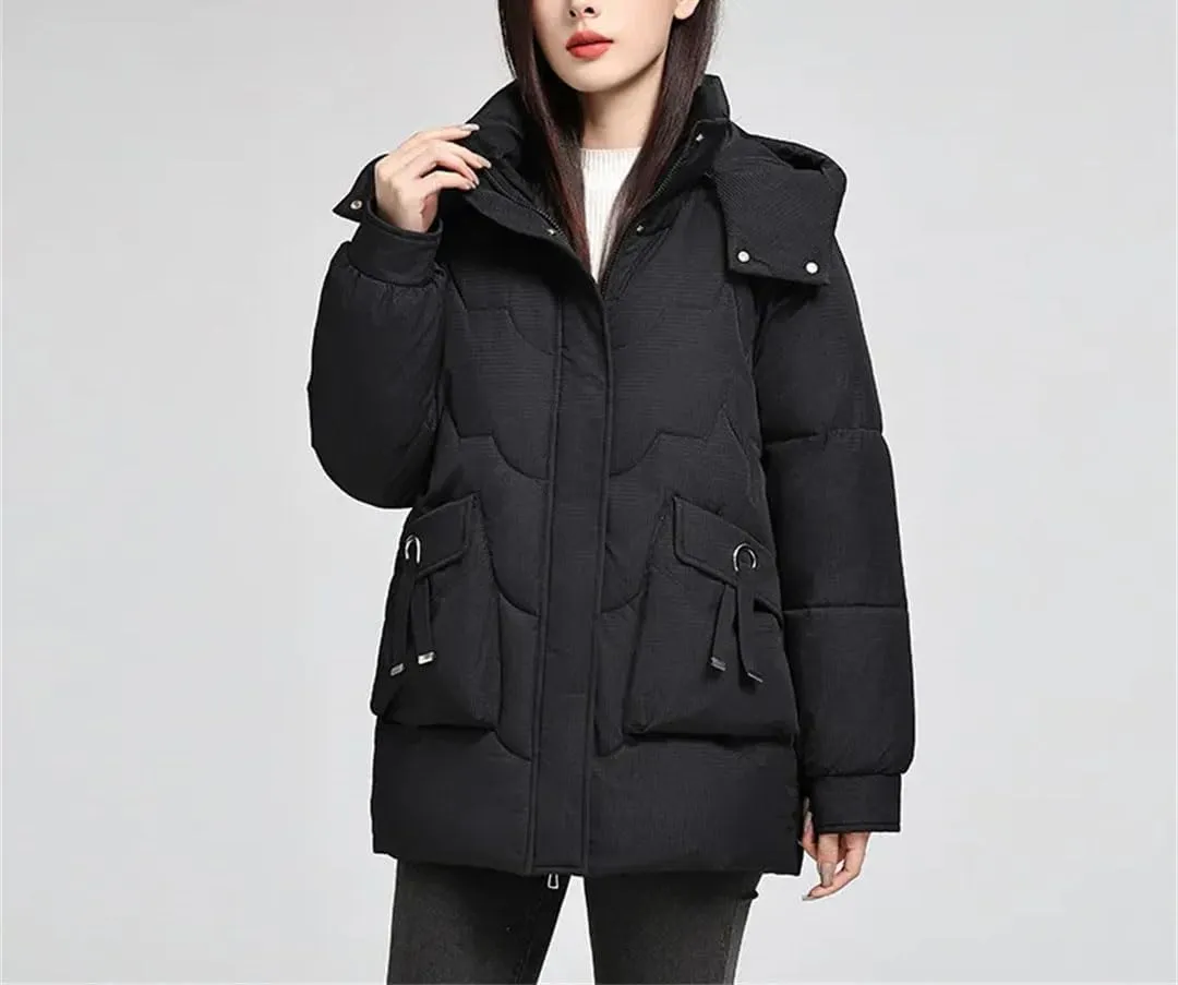 Women Down Cotton Padded Thickened Jacket Loose Stand-Up Collar Hooded Parka Loose Coat