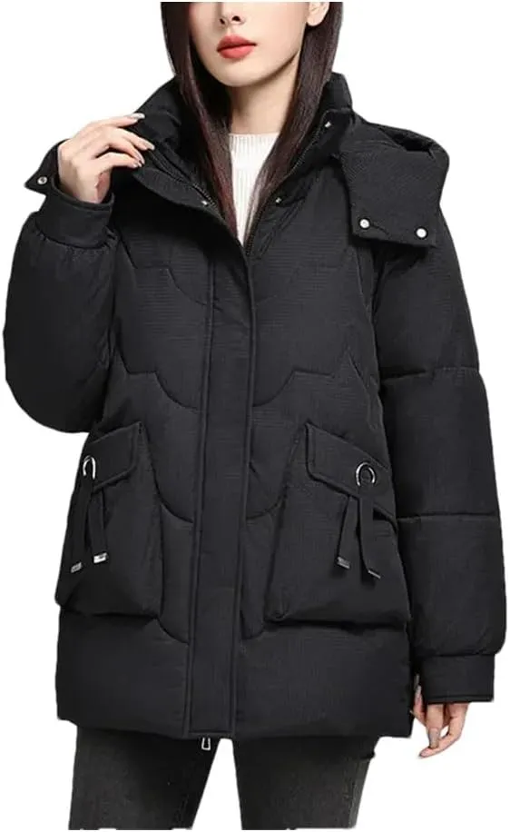 Women Down Cotton Padded Thickened Jacket Loose Stand-Up Collar Hooded Parka Loose Coat