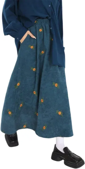 Women Fall Corduroy Long Skirt Embroidery Floral A-Line Pleated Maxi Dress Flowy Cottagecore Winter Midi Skirts Y2K