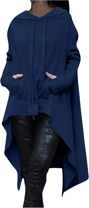 Women Fashion Hoodies Vintage Gothic Pullover Shirt Hi-Low Hem Oversized Long Asymmetric Sweatshirts Top with Pocket