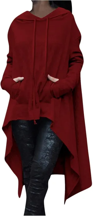 Women Fashion Hoodies Vintage Gothic Pullover Shirt Hi-Low Hem Oversized Long Asymmetric Sweatshirts Top with Pocket