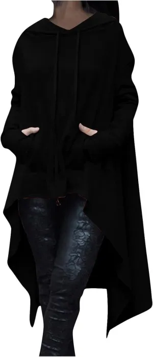 Women Fashion Hoodies Vintage Gothic Pullover Shirt Hi-Low Hem Oversized Long Asymmetric Sweatshirts Top with Pocket