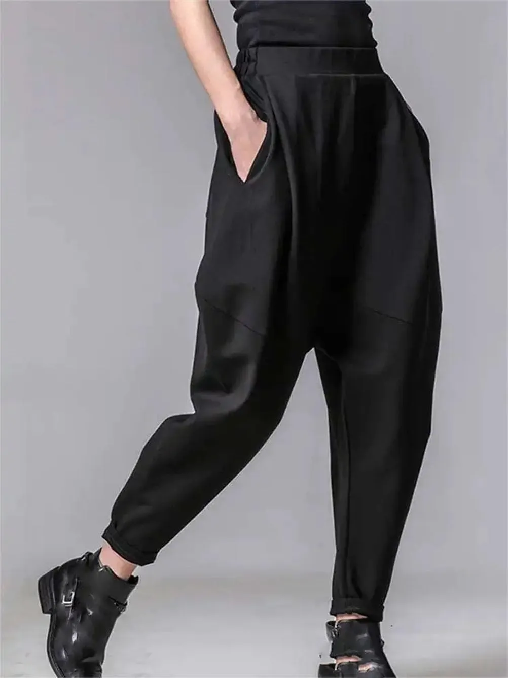 Women High Loose Spliced Pleated Harem Pants Solid Casual Button Trousers