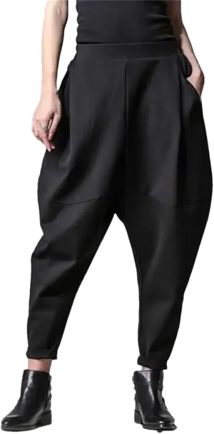 Women High Loose Spliced Pleated Harem Pants Solid Casual Button Trousers