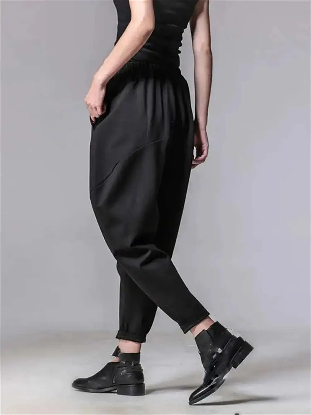 Women High Loose Spliced Pleated Harem Pants Solid Casual Button Trousers