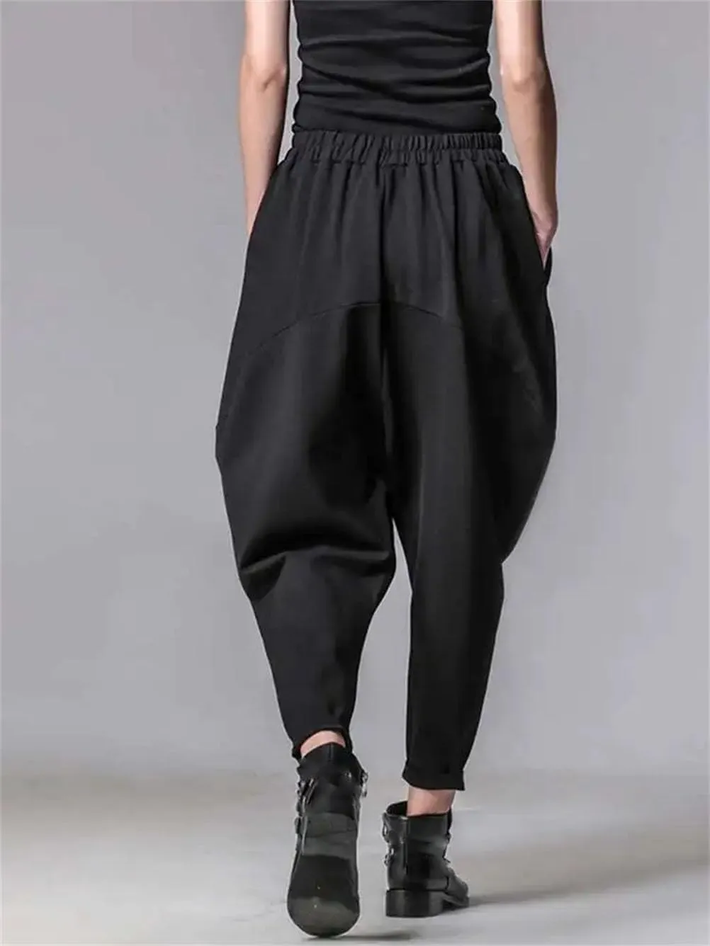 Women High Loose Spliced Pleated Harem Pants Solid Casual Button Trousers