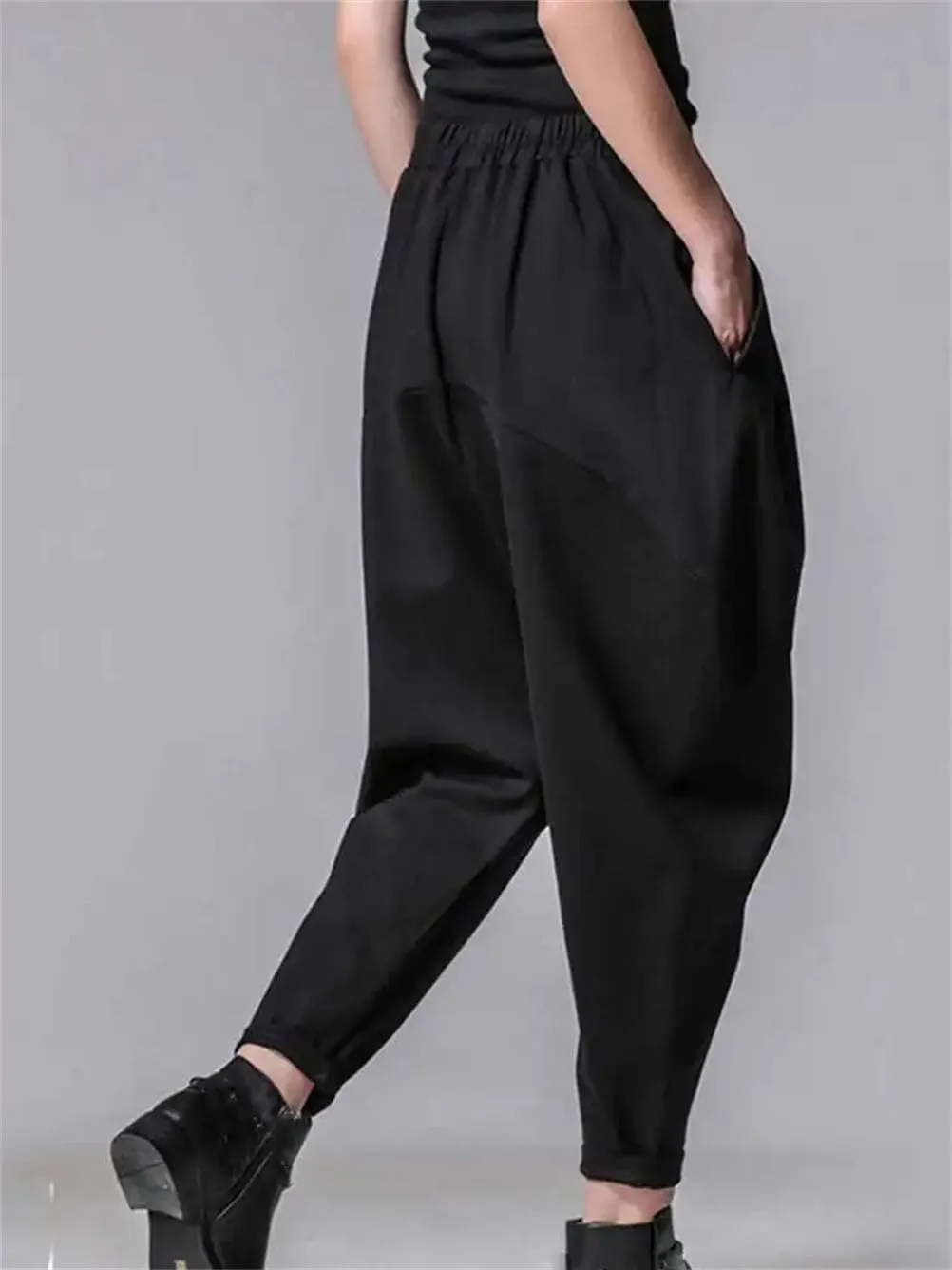 Women High Loose Spliced Pleated Harem Pants Solid Casual Button Trousers