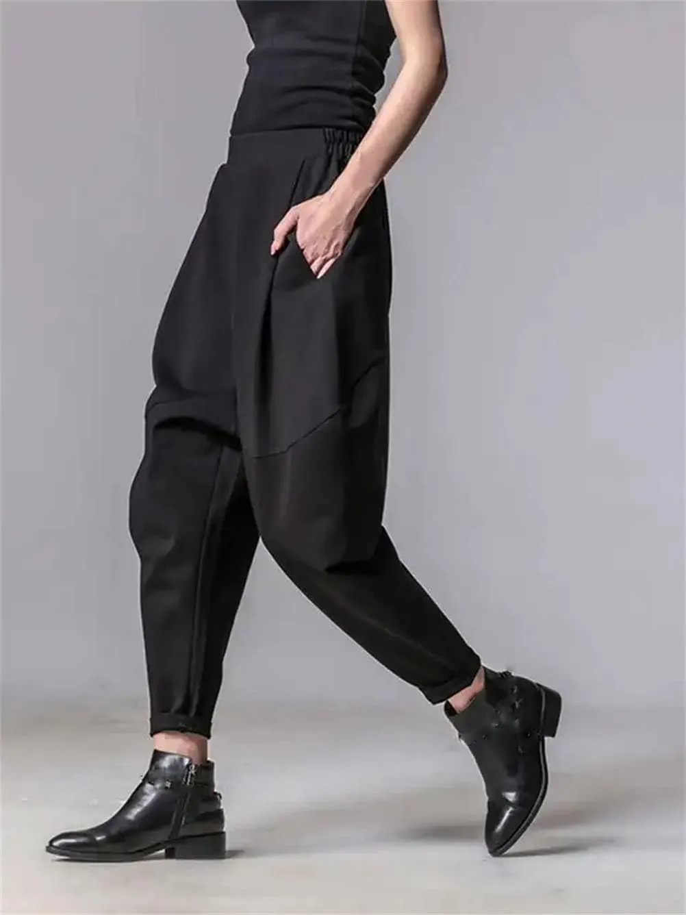 Women High Loose Spliced Pleated Harem Pants Solid Casual Button Trousers