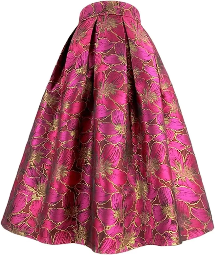 Women High Waist Print Skirt Long Pleated Mid-Calf Skirt Midi Skater Skirt A-Line Maxi Skirts