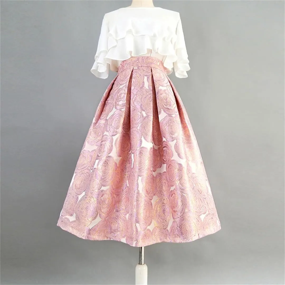 Women High Waist Print Skirt Long Pleated Mid-Calf Skirt Midi Skater Skirt A-Line Maxi Skirts