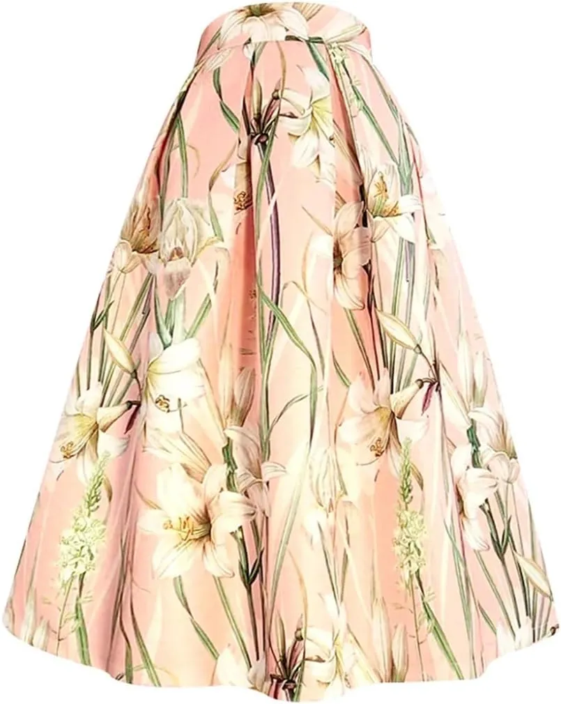 Women High Waist Print Skirt Long Pleated Mid-Calf Skirt Midi Skater Skirt A-Line Maxi Skirts