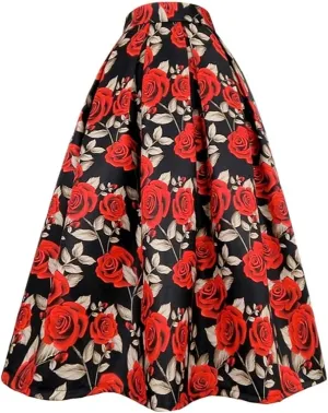 Women High Waist Print Skirt Long Pleated Mid-Calf Skirt Midi Skater Skirt A-Line Maxi Skirts