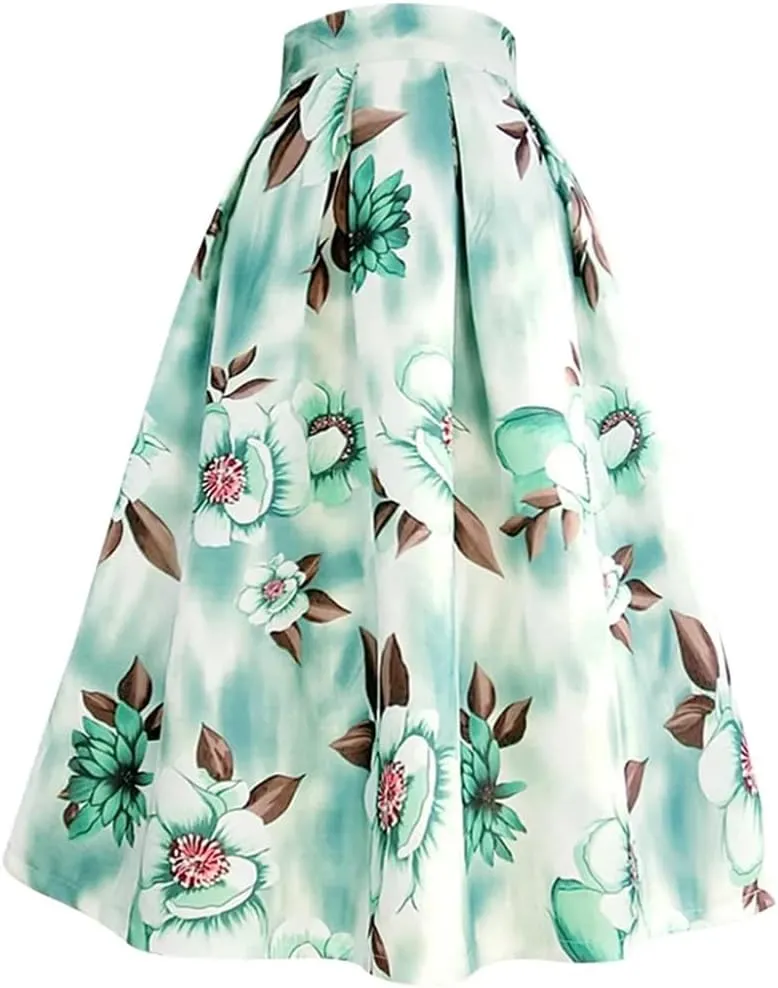 Women High Waist Print Skirt Long Pleated Mid-Calf Skirt Midi Skater Skirt A-Line Maxi Skirts