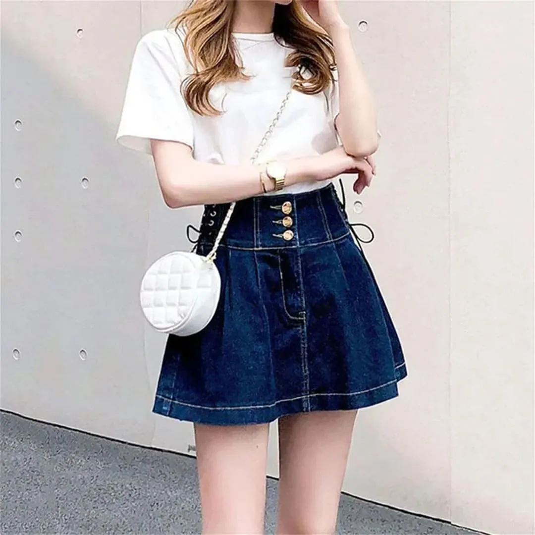 Women High Waisted Denim Short Skirts Korean Lace-Up A-Line Skirt