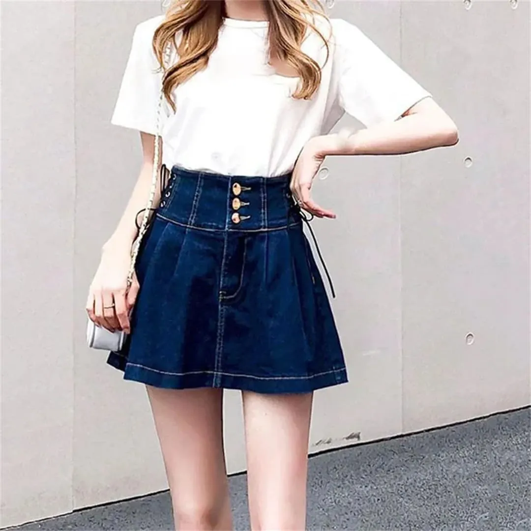 Women High Waisted Denim Short Skirts Korean Lace-Up A-Line Skirt