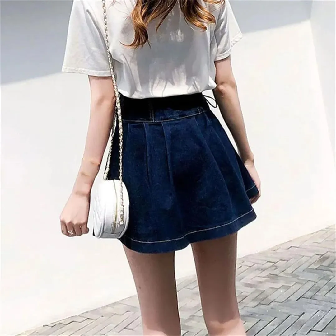 Women High Waisted Denim Short Skirts Korean Lace-Up A-Line Skirt