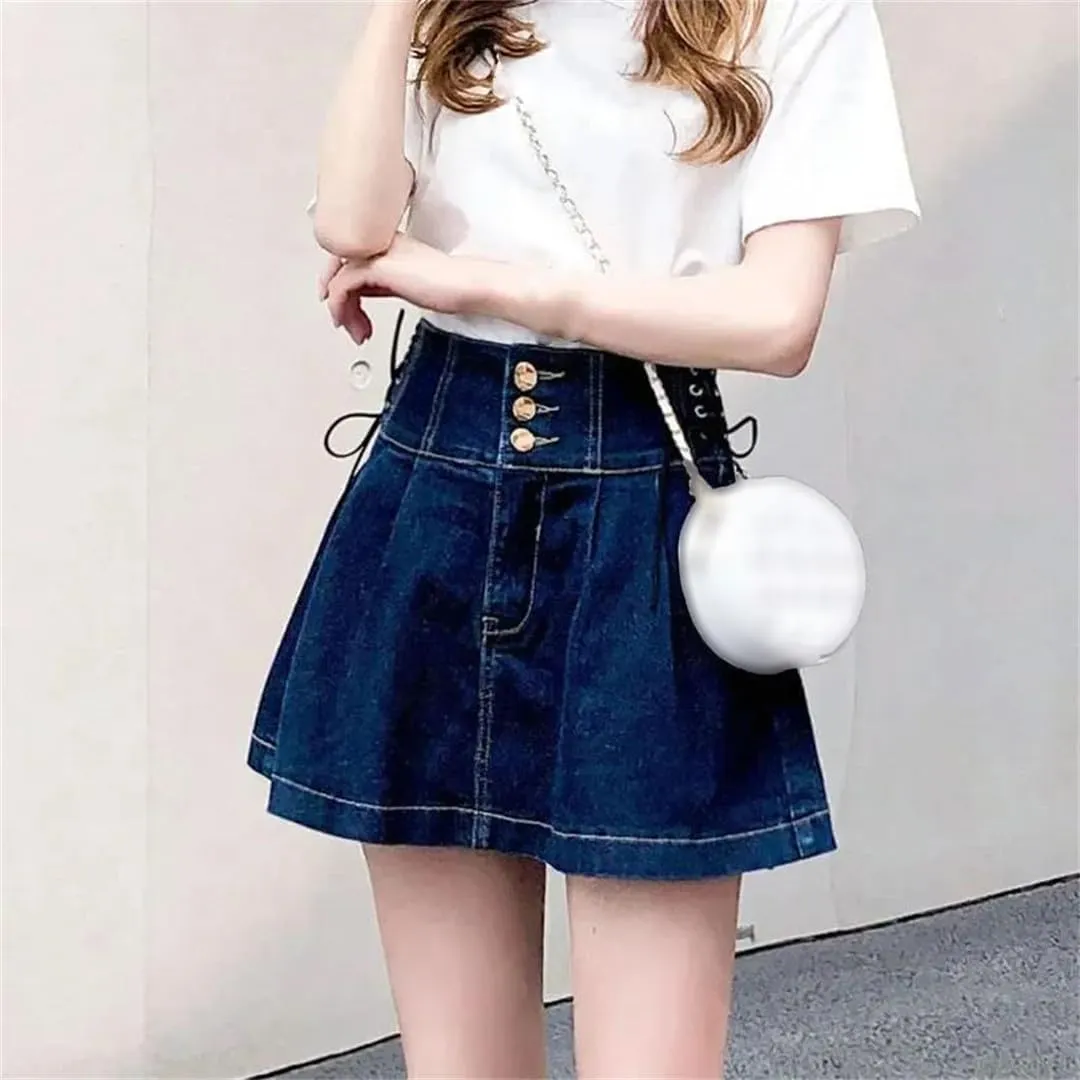 Women High Waisted Denim Short Skirts Korean Lace-Up A-Line Skirt