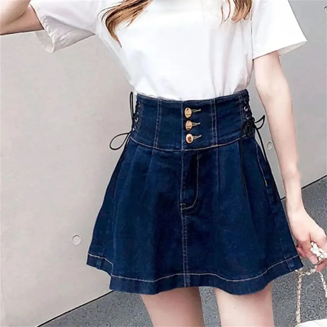 Women High Waisted Denim Short Skirts Korean Lace-Up A-Line Skirt