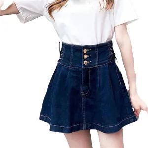 Women High Waisted Denim Short Skirts Korean Lace-Up A-Line Skirt