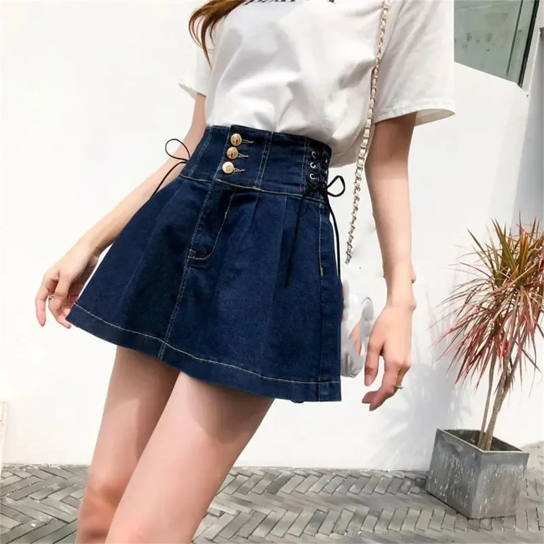 Women High Waisted Denim Short Skirts Korean Lace-Up A-Line Skirt
