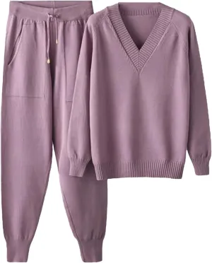 Women Knitted Sport Suits 2-Piece Drawstring Jogging Harem Pants V Neck Pullover Sweater Set