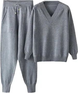 Women Knitted Sport Suits 2-Piece Drawstring Jogging Harem Pants V Neck Pullover Sweater Set