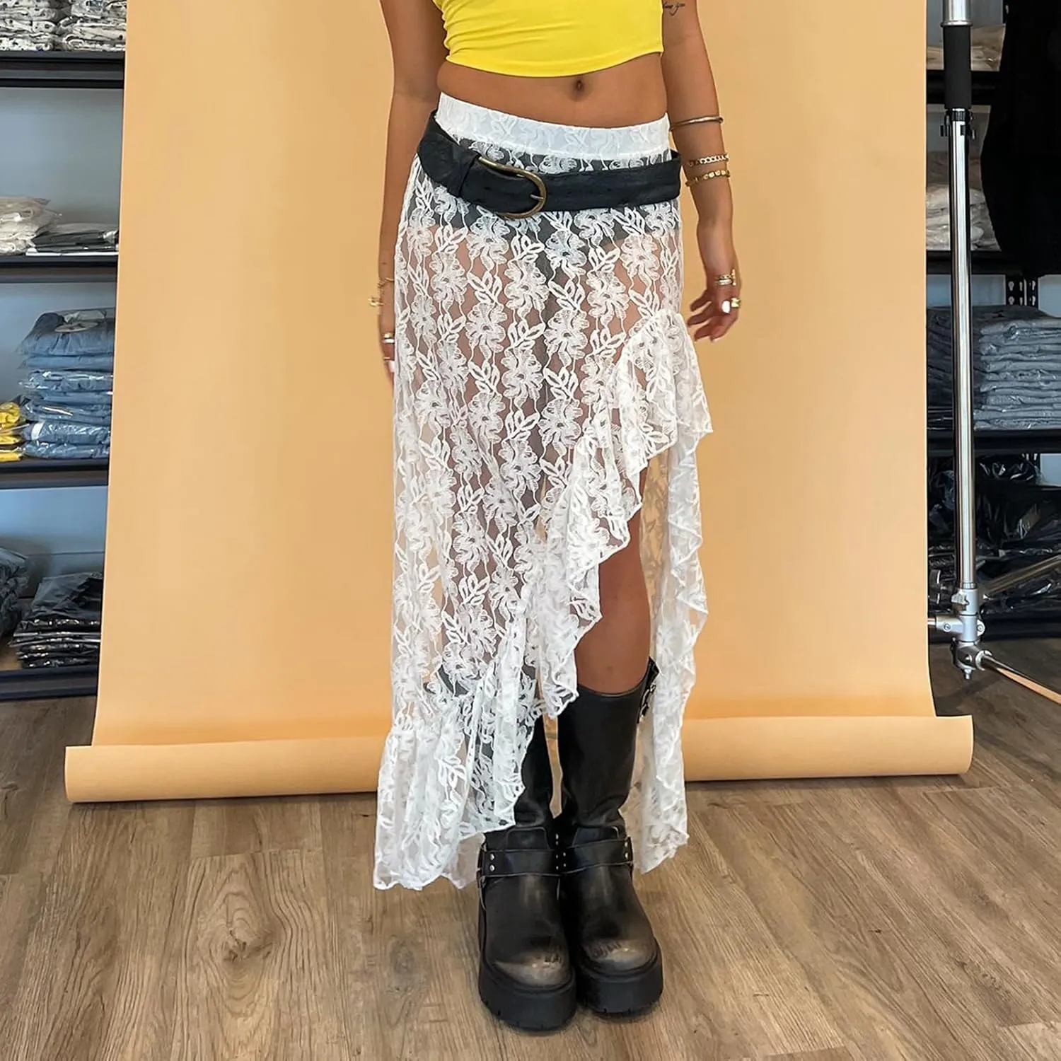 Women Lace Long Skirts Y2k Sheer Maxi Skirt Sexy See Through Beach Cover Up Long Skirt Streetwear