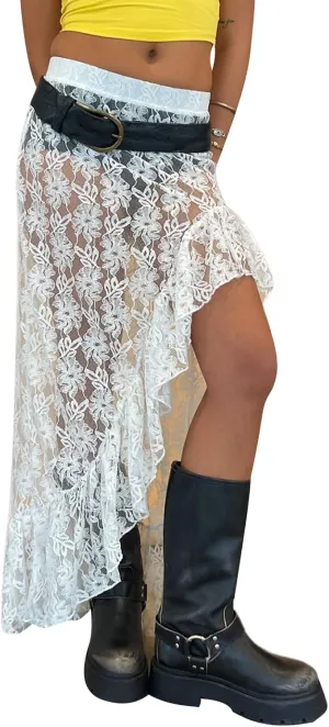 Women Lace Long Skirts Y2k Sheer Maxi Skirt Sexy See Through Beach Cover Up Long Skirt Streetwear