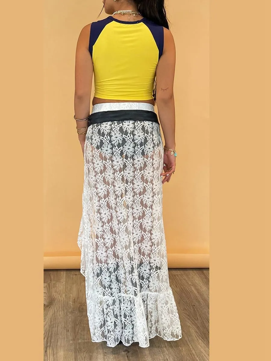 Women Lace Long Skirts Y2k Sheer Maxi Skirt Sexy See Through Beach Cover Up Long Skirt Streetwear