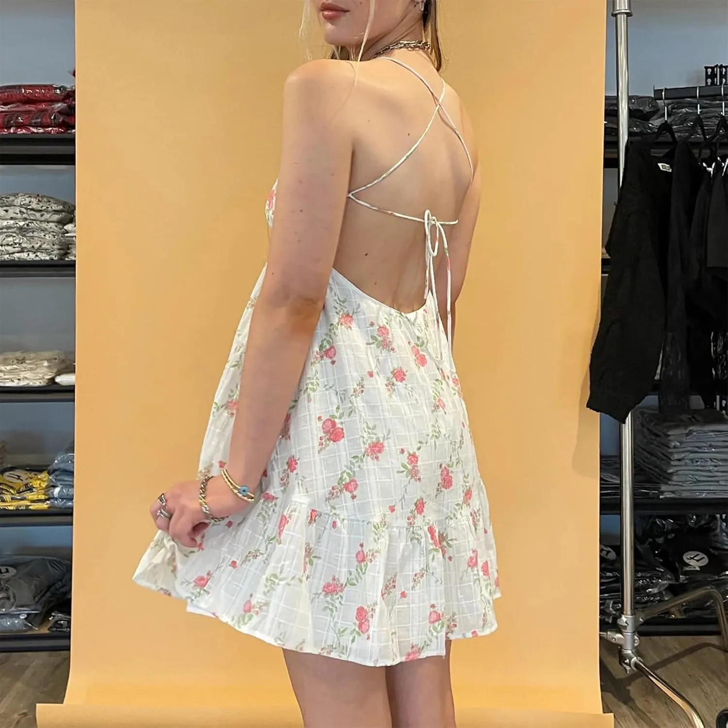 Women Lace Trim Mini Dress Y2K Fly Sleeve Bowknot Embellished Babysoll Short Dress Summer Casual Beach Sundress