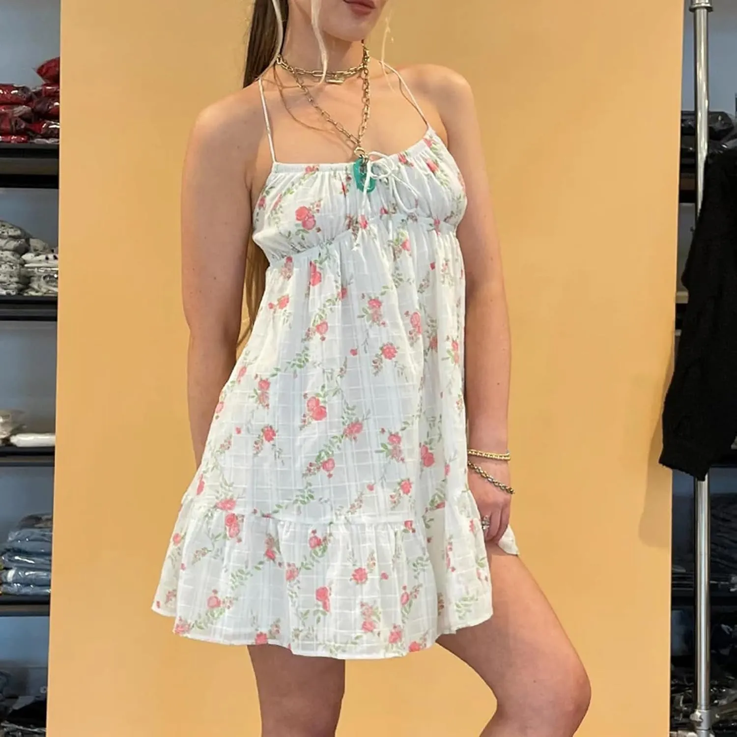 Women Lace Trim Mini Dress Y2K Fly Sleeve Bowknot Embellished Babysoll Short Dress Summer Casual Beach Sundress