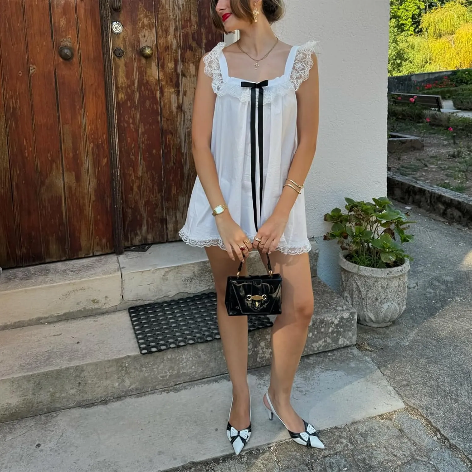 Women Lace Trim Mini Dress Y2K Fly Sleeve Bowknot Embellished Babysoll Short Dress Summer Casual Beach Sundress