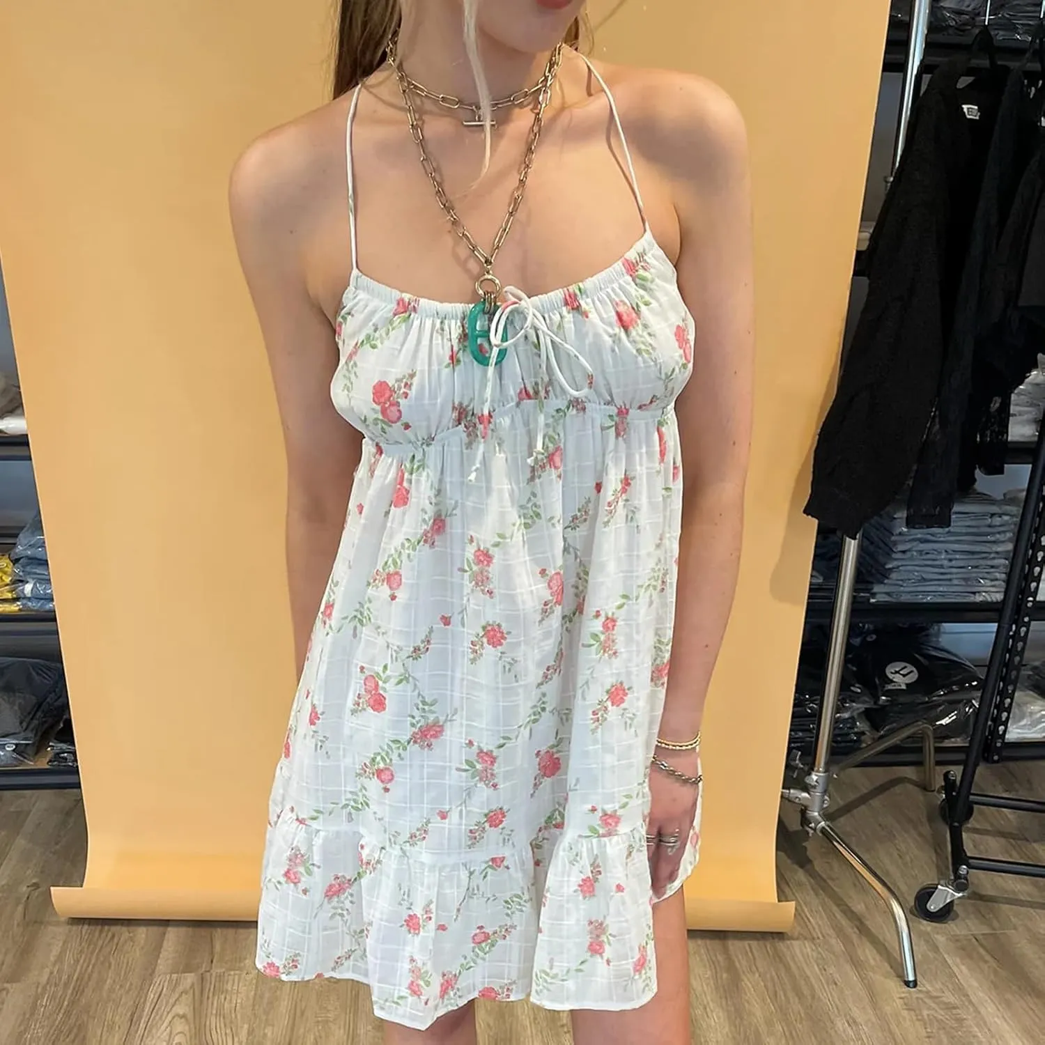Women Lace Trim Mini Dress Y2K Fly Sleeve Bowknot Embellished Babysoll Short Dress Summer Casual Beach Sundress