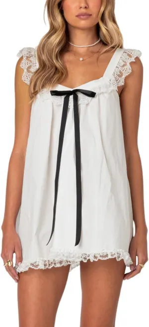 Women Lace Trim Mini Dress Y2K Fly Sleeve Bowknot Embellished Babysoll Short Dress Summer Casual Beach Sundress