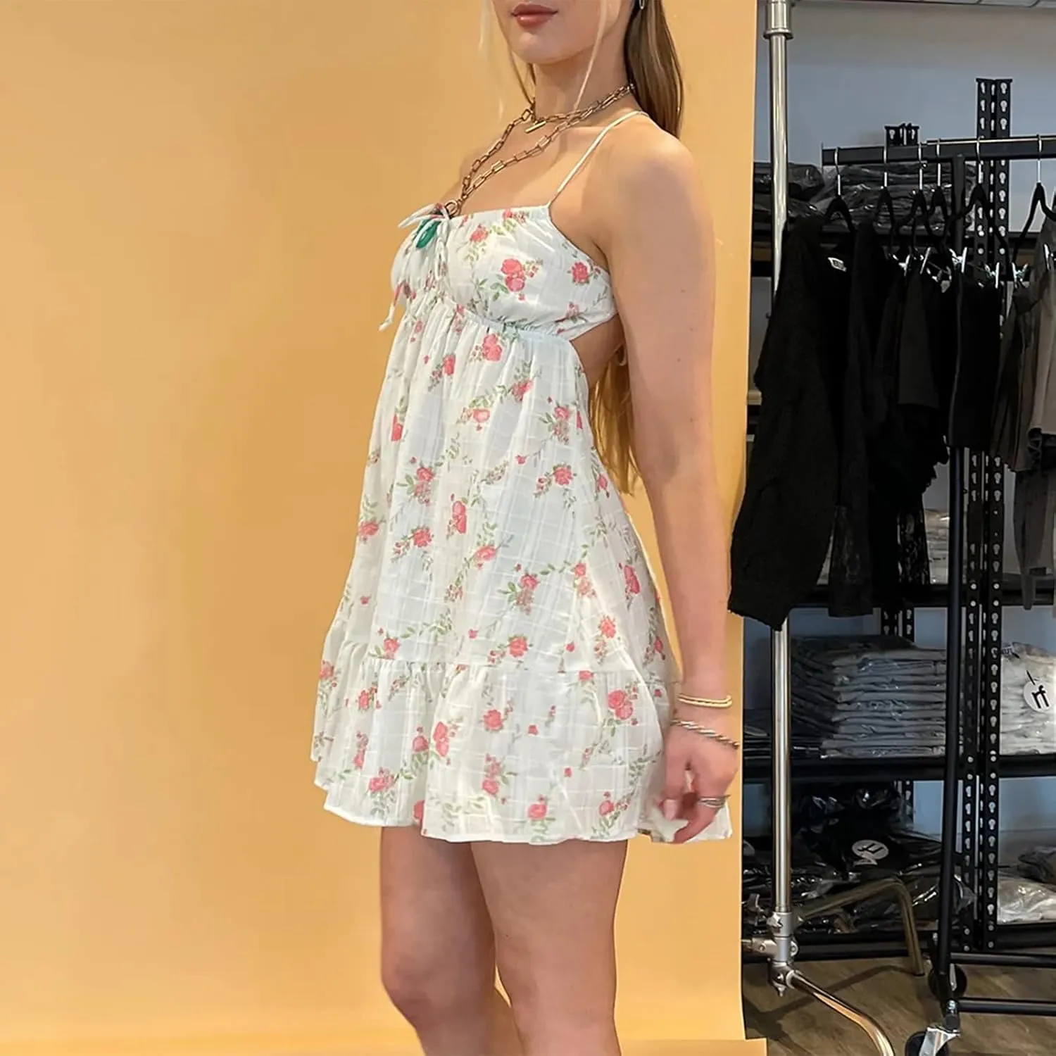 Women Lace Trim Mini Dress Y2K Fly Sleeve Bowknot Embellished Babysoll Short Dress Summer Casual Beach Sundress