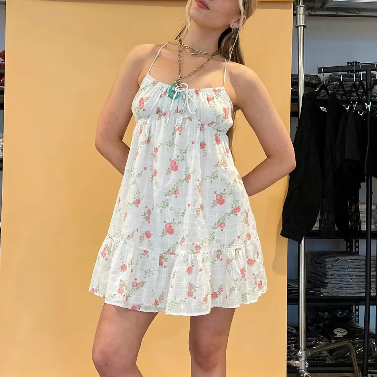 Women Lace Trim Mini Dress Y2K Fly Sleeve Bowknot Embellished Babysoll Short Dress Summer Casual Beach Sundress