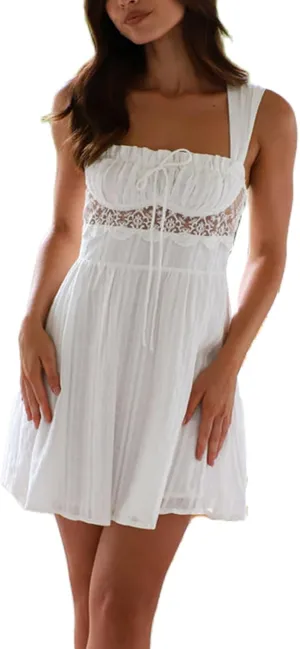 Women Lace Trim Mini Dress Y2K Fly Sleeve Bowknot Embellished Babysoll Short Dress Summer Casual Beach Sundress