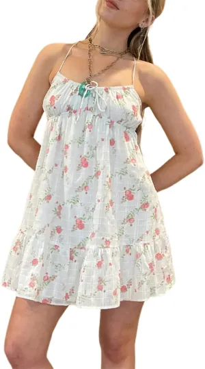 Women Lace Trim Mini Dress Y2K Fly Sleeve Bowknot Embellished Babysoll Short Dress Summer Casual Beach Sundress