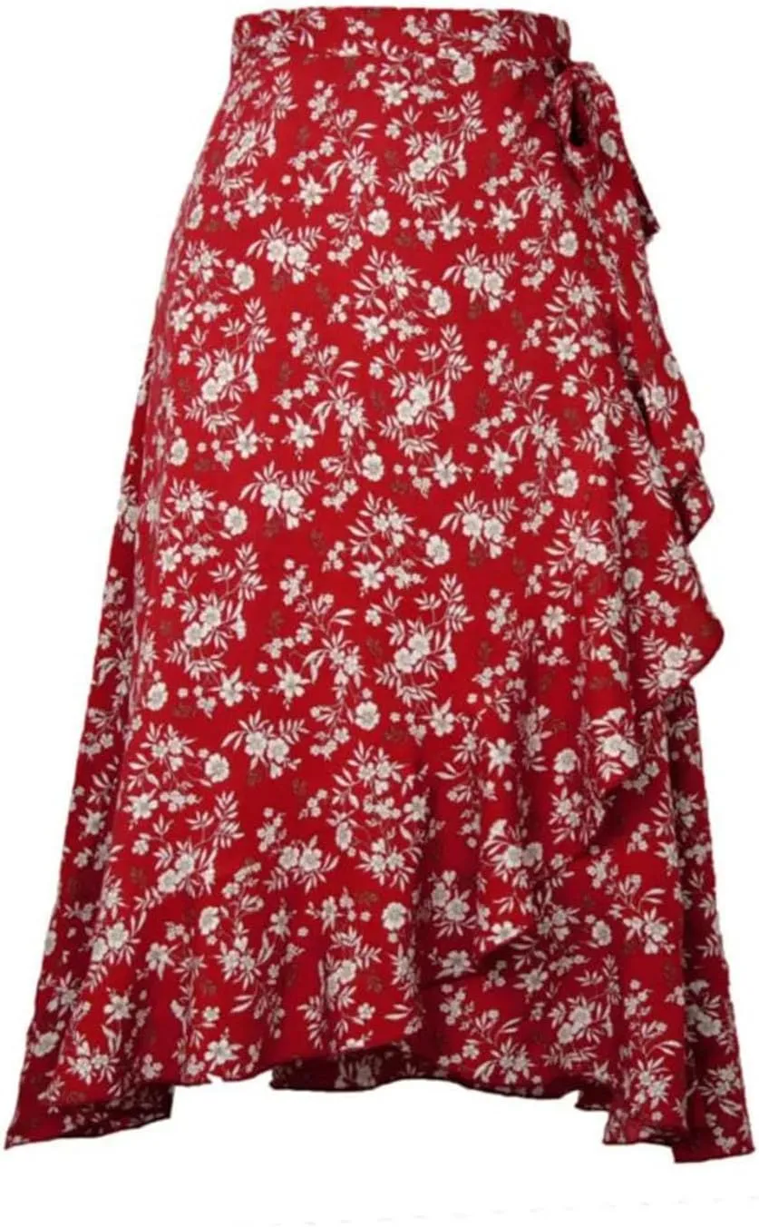Women Lace-Up High Waist Print Irregular A Line Casual Midi Skirts