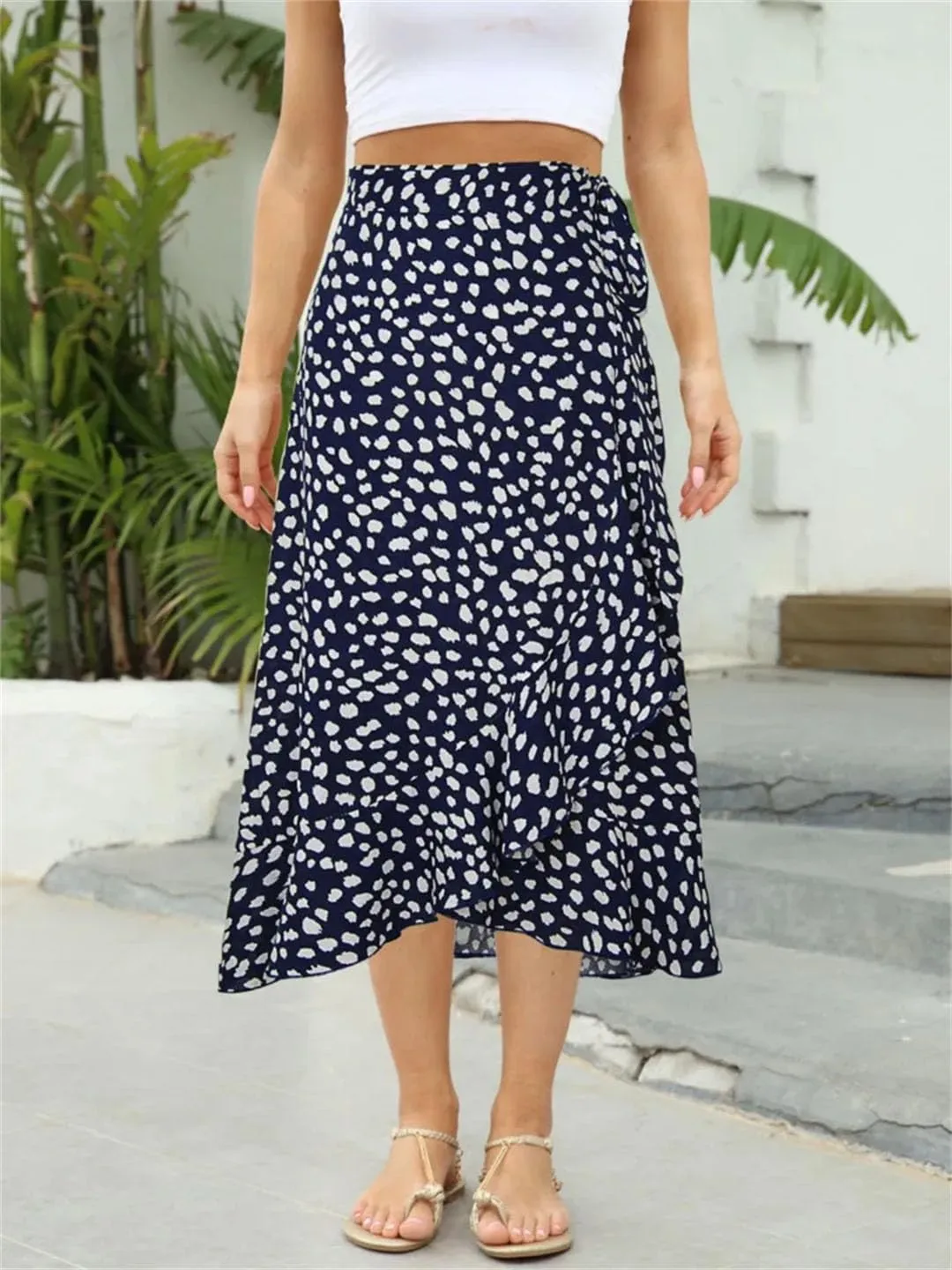 Women Lace-Up High Waist Print Irregular A Line Casual Midi Skirts