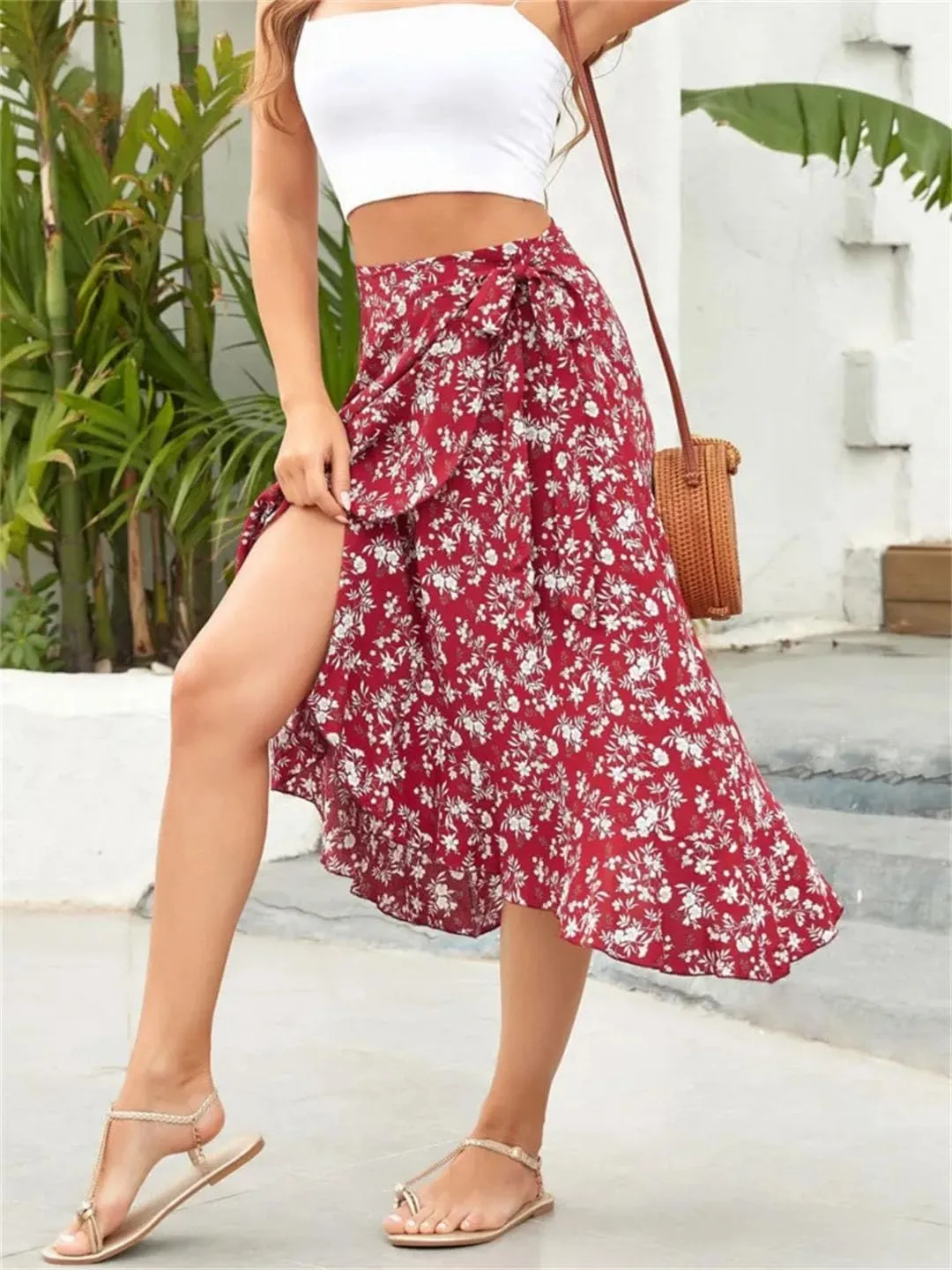 Women Lace-Up High Waist Print Irregular A Line Casual Midi Skirts
