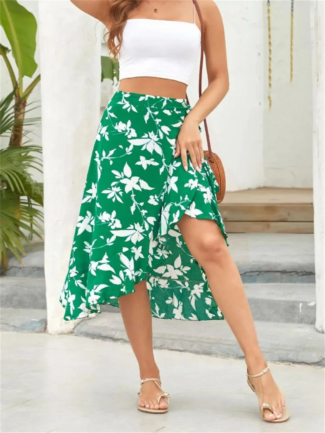 Women Lace-Up High Waist Print Irregular A Line Casual Midi Skirts